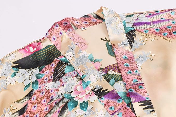 Women's Short Kimono Robes Bride and Bridesmaid Satin Floral Bathrobe Peacock Sleepwear Dressing Gown for Wedding Party