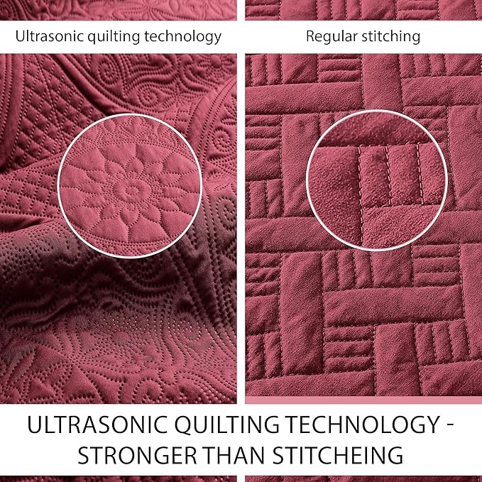 IR Imperial Rooms King Quilt Bedding Set Size (106" x 96") + 2 Pillow Shams (20" x 36"+ 2") - 3 Pcs All Season Lightweight Reversible Microfiber Coverlet Floral Embossed Quilt Bedspread (Burgundy)