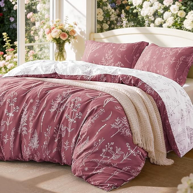Love's cabin Vintage Rose Full Comforter Set - Full Size Comforter Set, 3 Pieces Cute Floral Bedding Sets for All Seasons,1 Soft Reversible Botanical Flowers Comforter and 2 Pillow Shams