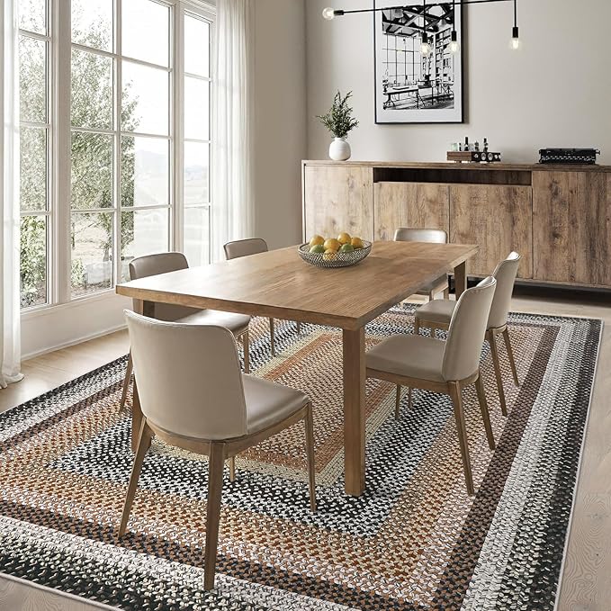 RUGSREAL Machine Washable Area Rug 6x9 Braided Rug for Living Room Modern Braid Printed Large Bedroom Rug Non Slip Dining Room Throw Rug Farmhouse Accent Carpet for Home Decor, Sand/Bronze