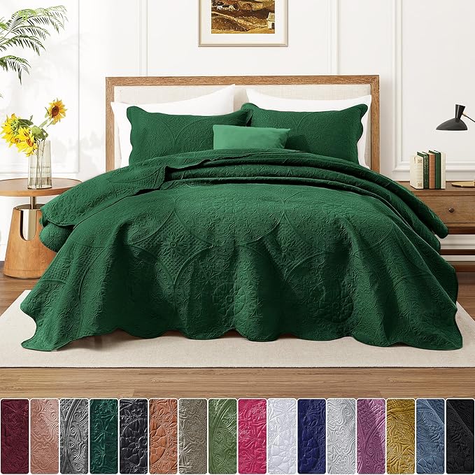 IR Imperial Rooms Twin Quilt Bedding Set Size (68” x 86”) + 1 Pillow Shams (20” x 26” + 2”) - 2 Pcs All Season Lightweight Reversible Microfiber Coverlet Floral Embossed Quilt Bedspread (Emerald)