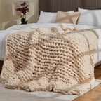 Chunky Knit Soft Throw Blanket - Cream - Chunky Chenille Cable Knitted Fluffy & Warm Chunky Throw Blanket with Woven Bag for Boho Home Decor, Handmade Large Knit Blanket for Bed & Couch 50" x 60"