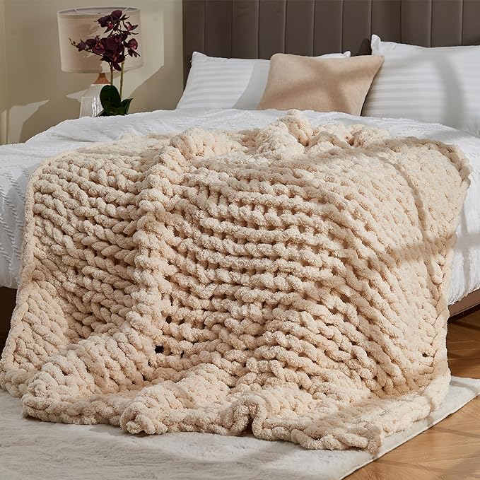 Chunky Knit Soft Throw Blanket - Cream - Chunky Chenille Cable Knitted Fluffy & Warm Chunky Throw Blanket with Woven Bag for Boho Home Decor, Handmade Large Knit Blanket for Bed & Couch 50" x 60"