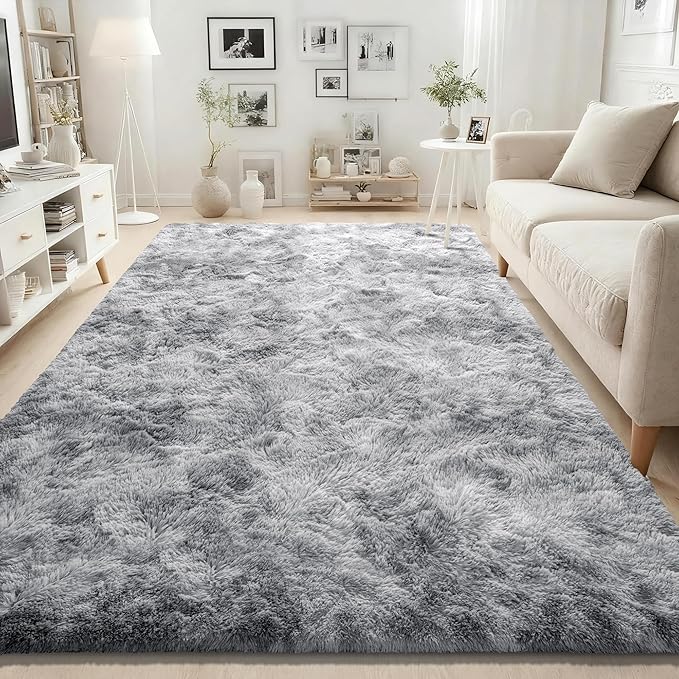 ISEAU Super Soft Rugs for Bedroom Shaggy Area Rug, 3x5 Feet Tie-Dye Shaggy Carpet Mats for Dorm, College, Apartment, Living Room, Non-Slip Abstract Fuzzy Rugs for Girls Boys Kids Room, Light Grey