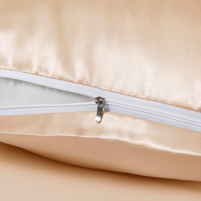 Champagne Satin Pillowcases with Zipper （20x26）,Standard Size Pillowcases Set of 2, Champagne Silk Pillowcase for Hair and Skin