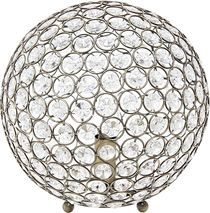 Elegant Designs LT1067-ABS 10" Elipse Crystal Collection Metal Crystal Ball Sequin Table Desk Lamp for Accent Lighting, Décor, Living Room, Antique Brass