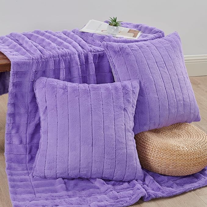 Striped Throw Blanket and Pillow Covers Set (No Inserts) for Couch and Bed, Plush Warm Lightweight Fuzzy Faux Fur Blanket for All Seasons (60" x 80", Purple)