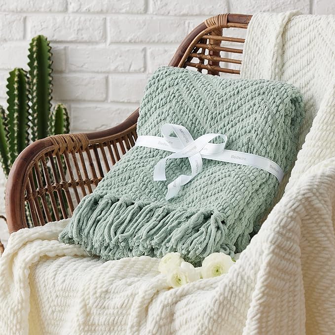 Bedsure Sage Green Throw Blanket for Couch - Versatile Knit Woven Chenille Spring Blanket for Chair, Super Soft, Warm & Decorative Throw with Tassels for Bed, Sofa and Living Room(Sage Green, Throw)