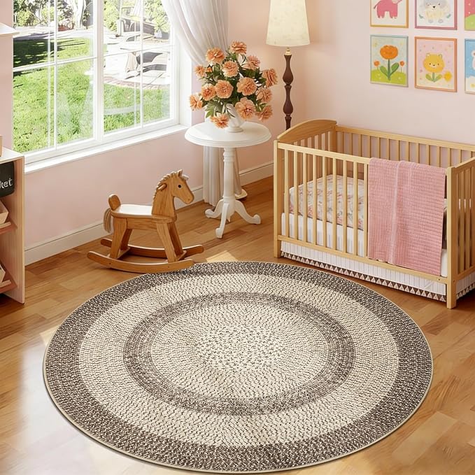 Modern Bordered Round Area Rug 4ft Washable Bedroom Circle Rugs Non Slip Stain Resistant Dining Room Round Throw Carpet Contemporary Circle Mats for Living Room Kitchen Nursery, Camel