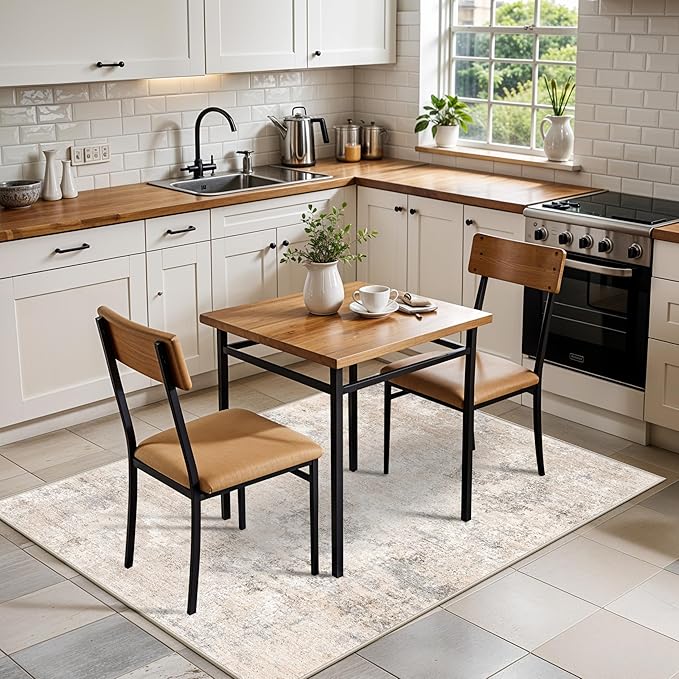 3x4 Washable Entryway Area Rug – Non-Slip Modern Abstract Small Area Rug for Kitchen, Bedroom, Bathroom – Soft Low-Pile Thin Indoor Door Mat (Beige Grey,3x4)