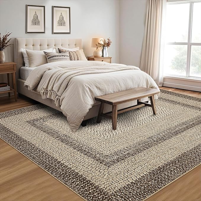 RUGSREAL Boho Rug 4x6 Bedroom Machine Washable Rug Braided Print Floor Cover Dining Room Throw Carpet with Rubber Backing Farmhouse Rustic Accent Rug for Living Room Home Decor, Camel