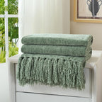 Chenille Throw Blanket for Couch with Tassels,60"X80" Soft Cozy Lightweight Knitted Boho Decorative Blankets for Bed and Sofa,Light Green