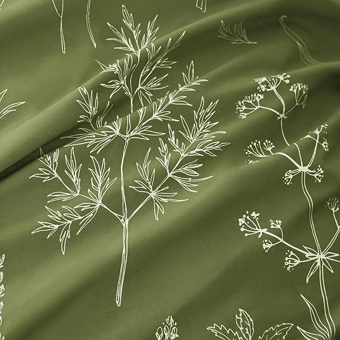 Love's cabin Olive Green Queen Comforter Set - Queen Size Comforter Set, 3 Pieces Cute Floral Bedding Sets for All Seasons,1 Soft Reversible Botanical Flowers Comforter and 2 Pillow Shams