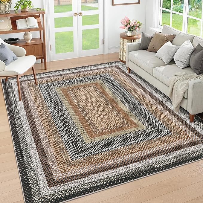 RUGSREAL 9x12 Braided Rug Washable Living Room Area Rug Modern Braid Printed Large Bedroom Carpet Dining Room Rug with Rubber Backing Farmhouse Accent Carpet for Home Decor Office, Sand/Bronze
