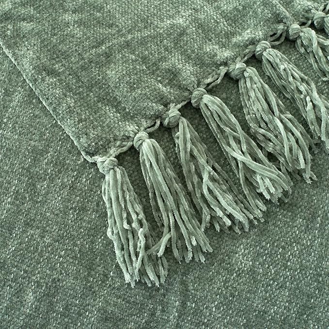 Chenille Throw Blanket for Couch with Tassels,50"X60" Soft Cozy Lightweight Knitted Boho Decorative Blankets for Bed and Sofa,Light Green