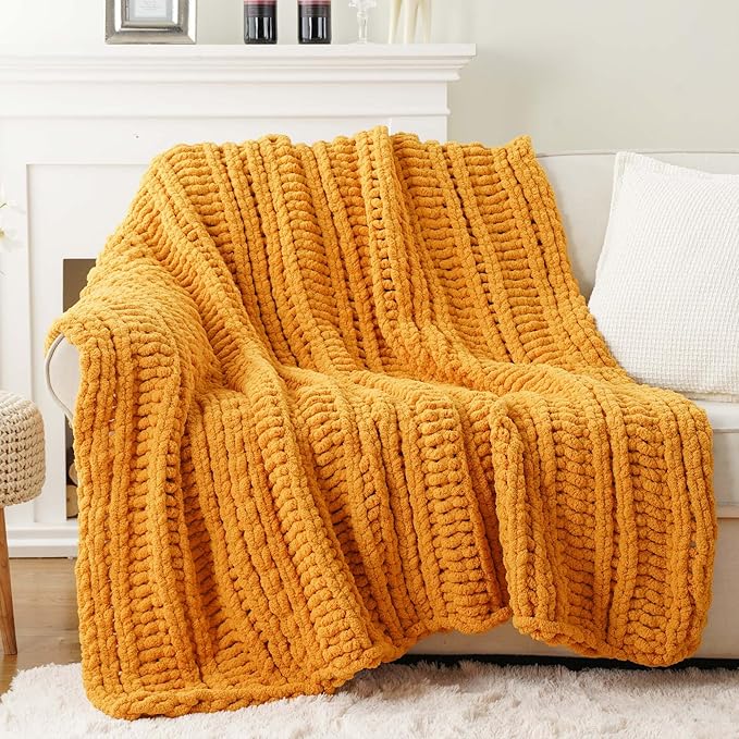 Battilo Mustard Yellow Throw Blanket for Couch, Chunky Knit Throw Blanket, 50"x60", Gold Fall Throw, Super Soft Cozy Warm Chenille Knit Blankets for Bed, Sofa, Living Room