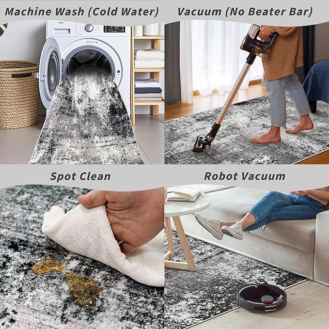 2x5 Washable Kitchen Rug Runner – Non-Slip Abstract Modern Small Rug for Bathroom,Hallway, Bedroom, Laundry Room, Entryway – Soft Low-Pile Thin with Rubber Backing (Black Grey, 2x5)