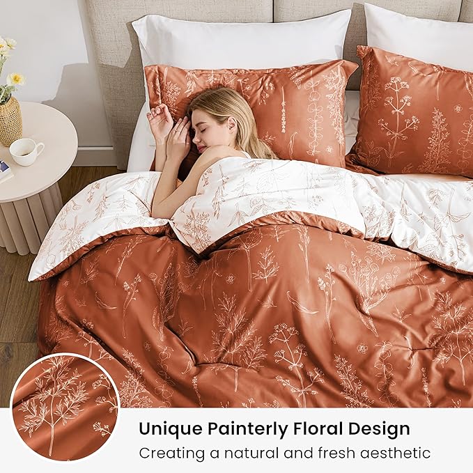 Love's cabin Terracotta Twin Comforter Set - Twin XL Size Comforter Set Dorm Bedding, 2 Pieces Cute Floral Bedding, Soft Reversible Flowers Comforter, 1 Comforter & 1 Pillow Sham