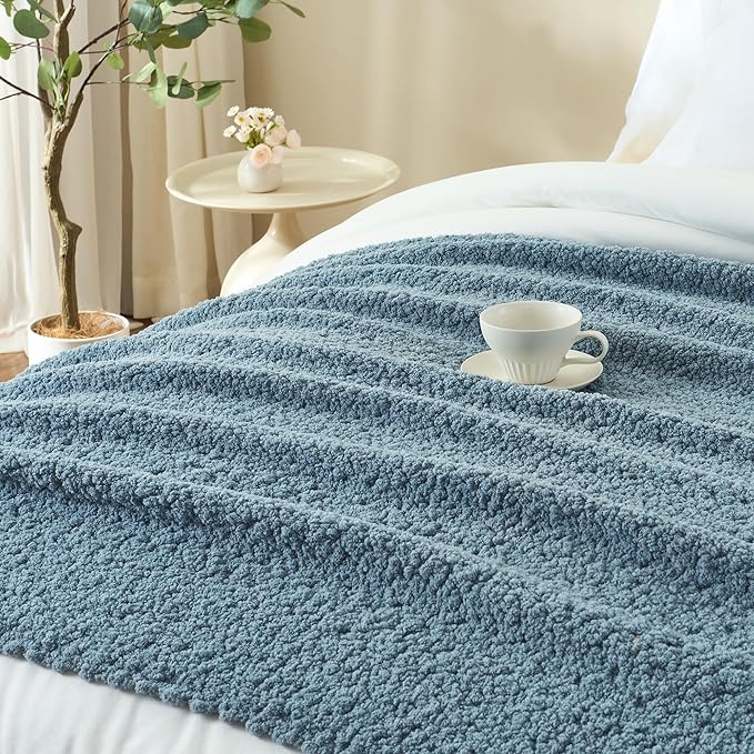 Throw Blanket for Couch, Dusty Blue Luxury Knitted Throws 60"x80", Textured Blankets with Handmade Fringe Tassels for Bed Sofa Decorative, Chunky Soft Farmhouse Boho Home Decor