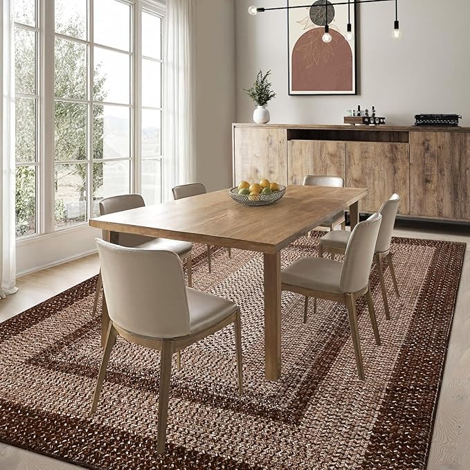 RUGSREAL 10x13 Large Living Room Rug Braided Print Rug Boho Throw Carpet Farmhouse Rustic Dining Room Carpet Non Slip Geometric Bordered Area Rug Bohemian Carpet for Bedroom Home Decor Office, Brown