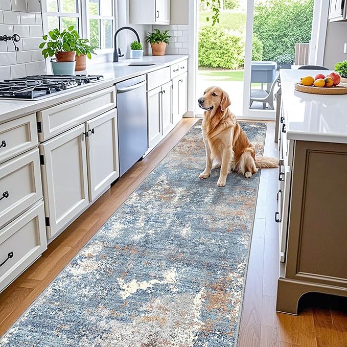 3x12 ft Long Hallway Runner Rug – Non-Slip Washable Carpet Runners for Kitchen Entryway Bathroom Modern Abstract Neutral Low-Pile Thin Stain-Resistant (Blue Rust,3x12)