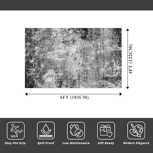 4x6 Washable Non-Slip Area Rug – Modern Abstract Neutral Small Carpet for Indoor Entryway, Kitchen, Bedroom, Living Room, Office – Low-Pile Thin Throw Rugs (Black Grey,4x6)