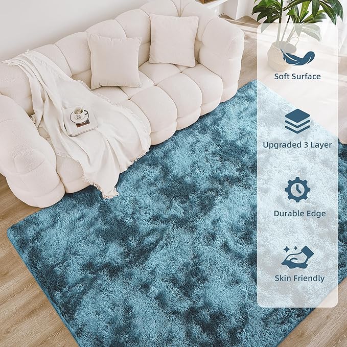 Litanika 3x5 Shag Area Rug for Living Room Bedroom, Tie-Dyed Blue High Pile Soft Plush Shaggy Furry Bedside Playroom Dorm Carpet, Non-Slip, Non-Shedding Modern Indoor Floor Rug