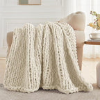 Carriediosa Chunky Knit Throw Blanket 60" X 80" Twin, 100% Hand Made Large Chenille Loop Yarn Soft Fluffy Throws for Couch Sofa Bed, Big Crochet Cozy Heavy Thick Cable Woven Blanket, Light Beige