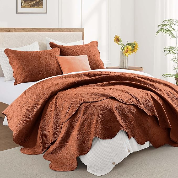 IR Imperial Rooms 8 Pack Quilt King Size Bedding (106" x 96") - Bulk Wholesale for Hotels, Guest Bedroom & Airbnbs - Lightweight Microfiber Reversible Floral Embossed Quilts Bedspreads (Rust)