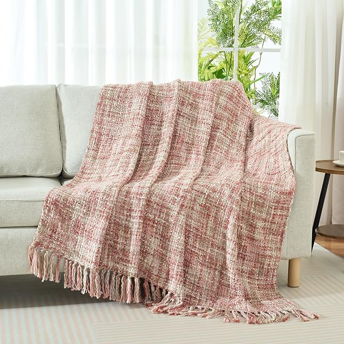 Multi-Color Light Pink Cable Woven Throw Blanket for Couch,50"X60" Boho Style Textured Blankets for Home Decor,Super Soft Warm Cozy Chunky Blanket with Decorative Tassels for Bed