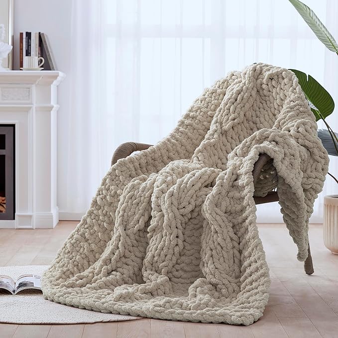 Chunky Knit Blanket Throw - 100% Hand Knitted Chunky Soft Throw Blanket for Couch, Thick and Warm for Winter, Linen, 40x50 Inches