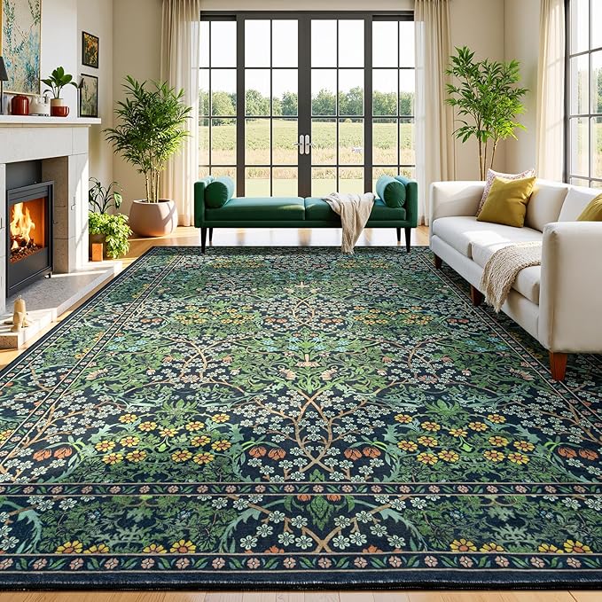 Lessymo Floral Washable Rug 9x12, Living Room Area Rugs Non Slip Boho Low Plie Large Carpet for Bedroom Dining Room Home Office, Vintage Flower Decor Distressed Retro Indoor, Forest Green