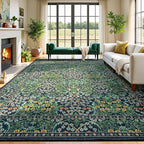 Lessymo Floral Washable Rug 9x12, Living Room Area Rugs Non Slip Boho Low Plie Large Carpet for Bedroom Dining Room Home Office, Vintage Flower Decor Distressed Retro Indoor, Forest Green
