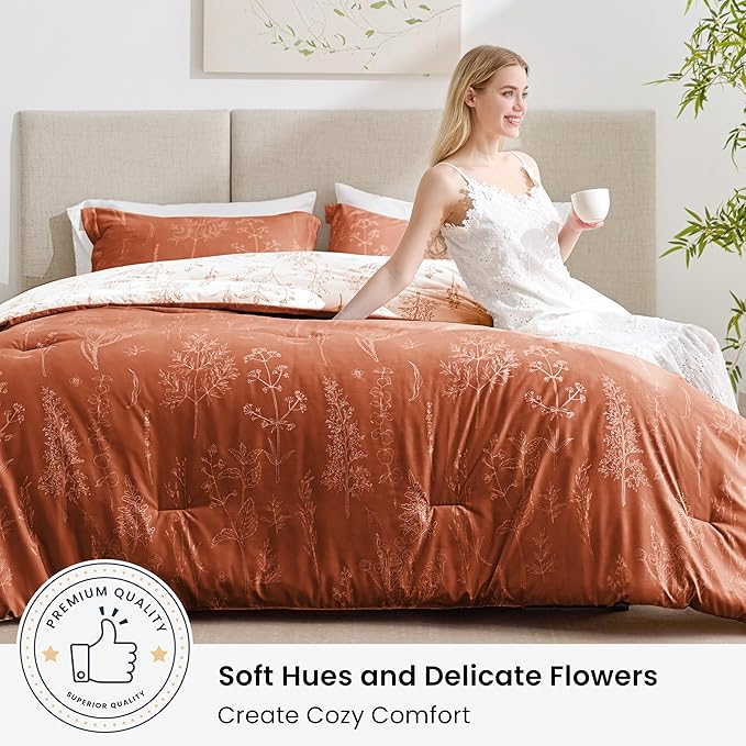 Love's cabin Terracotta Comforter Set King - King Size Comforter Set, 3 Pieces Cute Floral Bedding Sets for All Seasons,1 Soft Reversible Botanical Flowers Comforter and 2 Pillow Shams