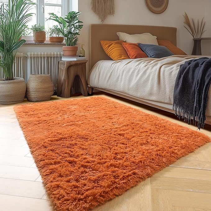 Amdrebio Burnt Orange Area Rugs for Living Room Bedroom, Fluffy Plush Furry Fuzzy Rug 5x8 for Kids Room Decor Aesthetic, Modern Cute Shag Floor Dark Orange Carpet for Nursery Dorm Classroom Playroom