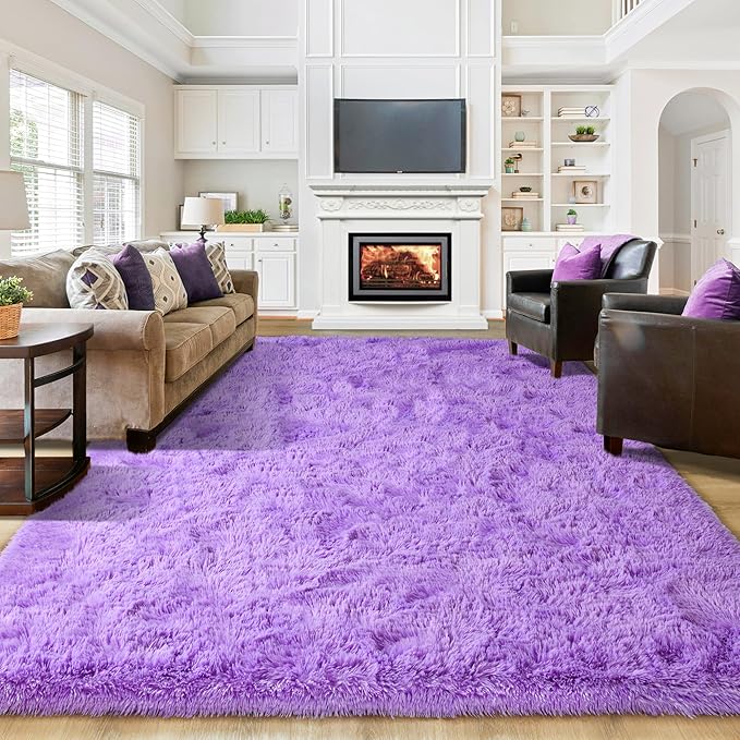 junovo 8x10 Purple Washable Area Rug for Girls Bedroom Living Room, Soft Non-Slip Fluffy Rugs, Shag Plush Memory Foam Carpet for Kids Room Baby Nursery Home Decor