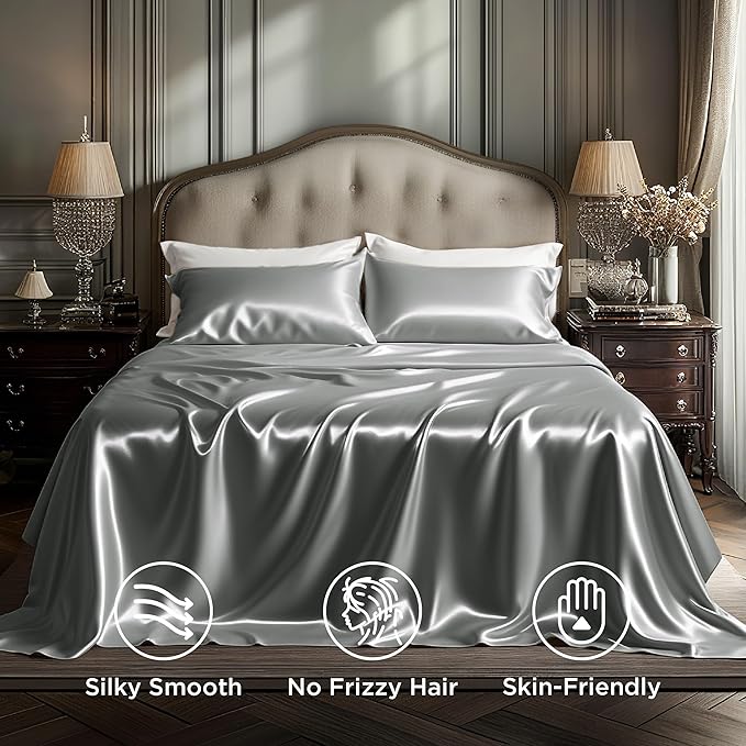 Bedsure Satin Sheets King Size - 4 Piece Silky Bedsheets with Elastic Corner Straps and 15 Inches Deep Pocket Fitted Bedsheet,1 Flat Sheet, 2 Satin Pillowcases, Good for Hair & Skin (King, Dark Grey)
