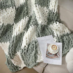 Tudomro Checkered Chunky Knit Throw Blanket for Couch 50 x 60 Inches Neutral Decor 100% Hand Knitted Cozy Soft Large Rope Knot Crochet Blankets for Sofa Living Room(Ivory and Sage Green)