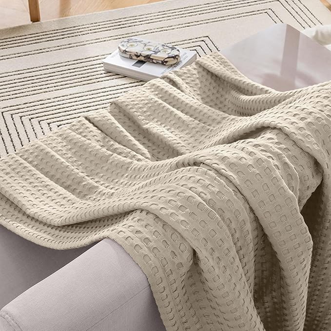 Elegant Comfort Premium 100% Cotton Waffle Blanket - Lightweight Breathable Waffle Weave Bed Blanket - Soft and Warm All Season Blanket for Couch, Sofa and Bed, King Size 90x108 Inches, Linen
