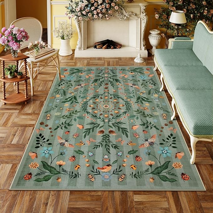 Lahome Chloe Insect Botanical Washable Rugs 5x7 Green Area Rugs for Living Room, Non Slip Rug for Bedroom, Boho Indoor Dining Room Carpet for Under Table Entryway Kitchen Office(Green,5x7)