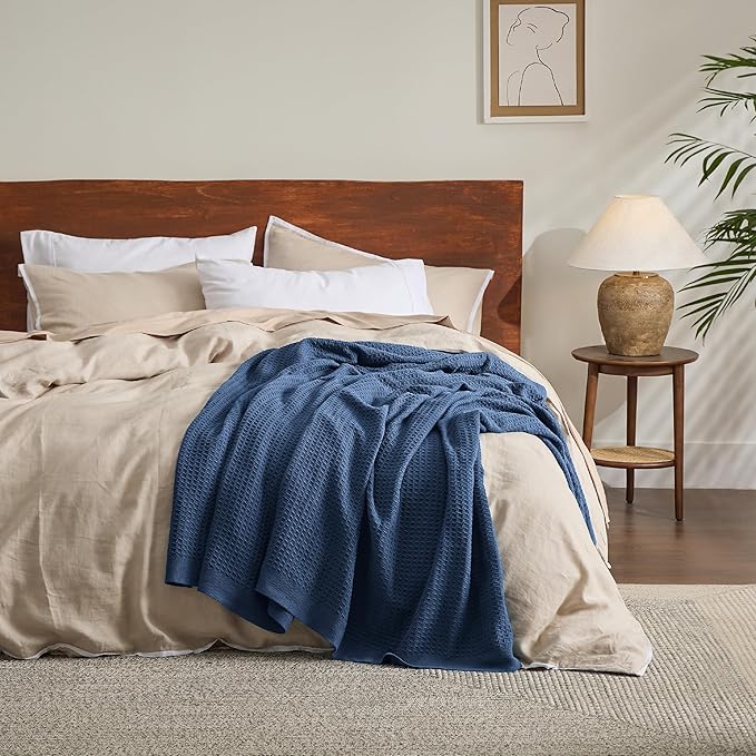 Bedsure Gentlesoft 100% Cotton Blanket Twin XL Size for College Dorm - Cooling Breathable and Soft for Spring Summer, Waffle Weave Twin Blanket for Bed, Dorm Room Essentials, Navy, 66x90 inches