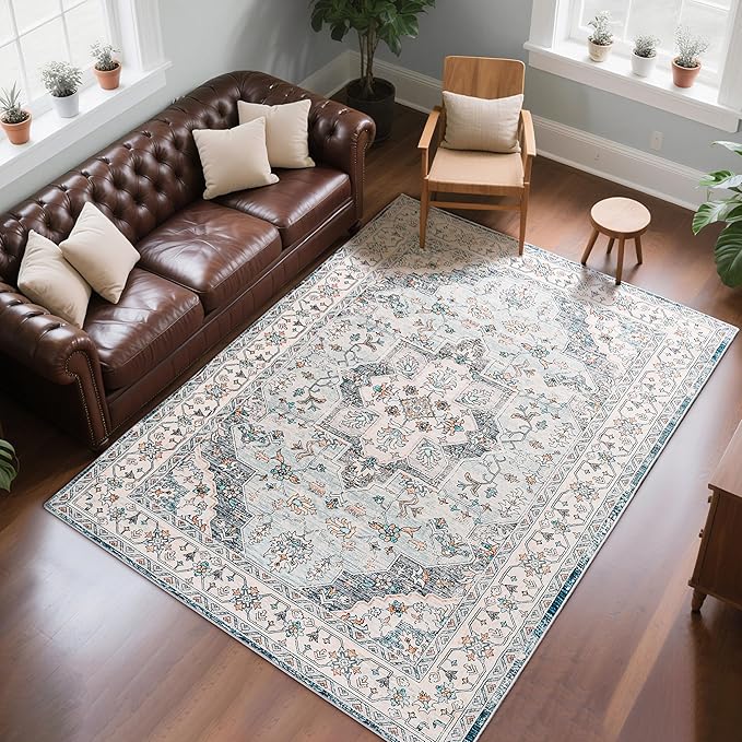 CRYPTOLITE 9x11 Area Rug for Living Room, Modern Washable Rug Non Slip Low Pile Large Area Rugs for Living Room, Bedroom, Farmhouse, Dining Room,Blue