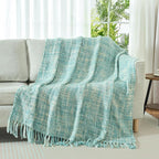Multi-Color Turquoise Cable Woven Throw Blanket for Couch,60"X80" Boho Style Textured Blankets for Home Decor,Super Soft Warm Cozy Chunky Blanket with Decorative Tassels for Bed