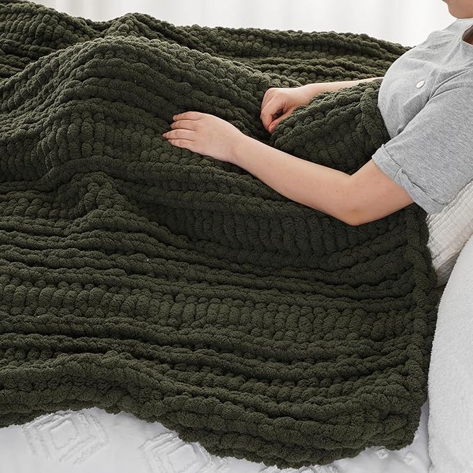 Battilo Chunky Knit Throw Blanket for Couch, Super Soft Warm Cozy Chenille Throw Blanket, Olive Green Blanket for Bed, Sofa, Living Room, 50"x60"