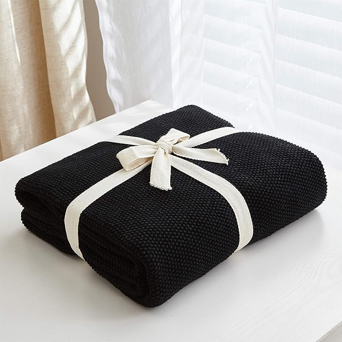Longhui bedding Black Cotton Cable Knit Throw Blanket for Couch Sofa Chair Bed Home Decorative, 3.4 Pounds 60 x 80 Inch Lightweight Woven Throw Blankets with Bonus Laundering Bag