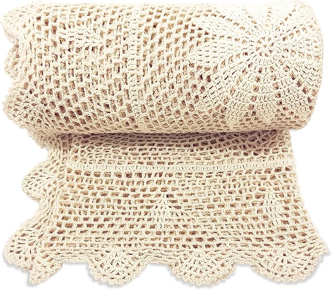 Zenviro Boho Throw Blanket, 50"x60", 100% Handmade Crochet Throw Blankets,100% Cotton Beige Throw, Decorative, Vintage Lace Blanket, Boho Decor, Photo Prop, Lightweight Knit