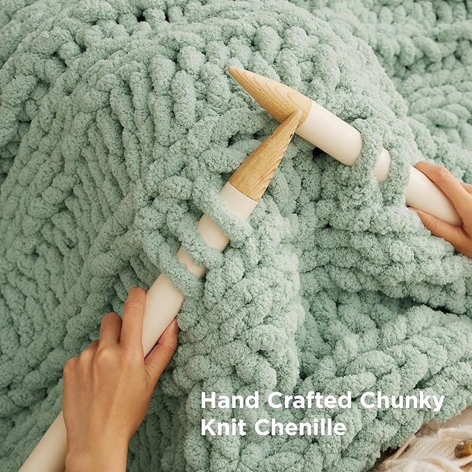 Bedsure Chunky Knit Throw Blanket for Couch - 100% Hand Knitted, 5.06 lbs GentleSoft Blanket with Giant Chenille Yarn for Bed Living Room Home Decor, Thick and Cozy, Sage Green, 50x60 Inches