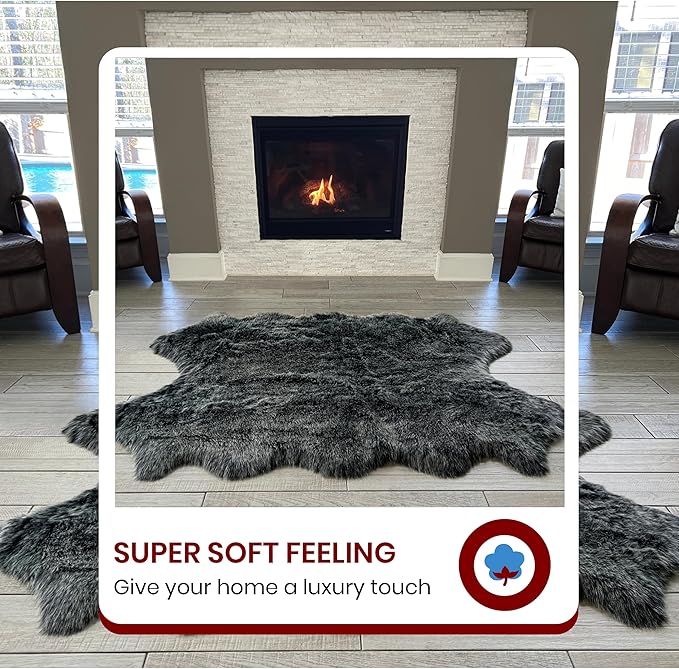 LAMBZY Bear Skin Rug Super Soft Fluffy Faux Fur for Bedroom Floor Sofa Living Room High-Density Plush Shaggy Carpet Sofa Cover Bedside Sheepskin Rug (2'x3', Black/White)