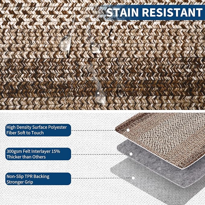 RUGSREAL Boho Rug 4x6 for Bedroom Machine Washable Rug Braided Print Floor Cover Indoor Non Slip Throw Carpet Farmhouse Rustic Accent Rug Moroccan Carpet for Living Room Home Decor, Brown