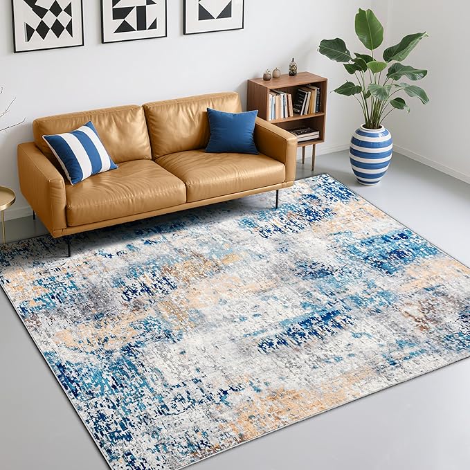 CRYPTOLITE Abstract Area Rug 5x8 Rugs, Machine Washable Rug Non-Slip Low Pile Rug for Living Room, Bedroom, Farmhouse, Dining Room, Blue